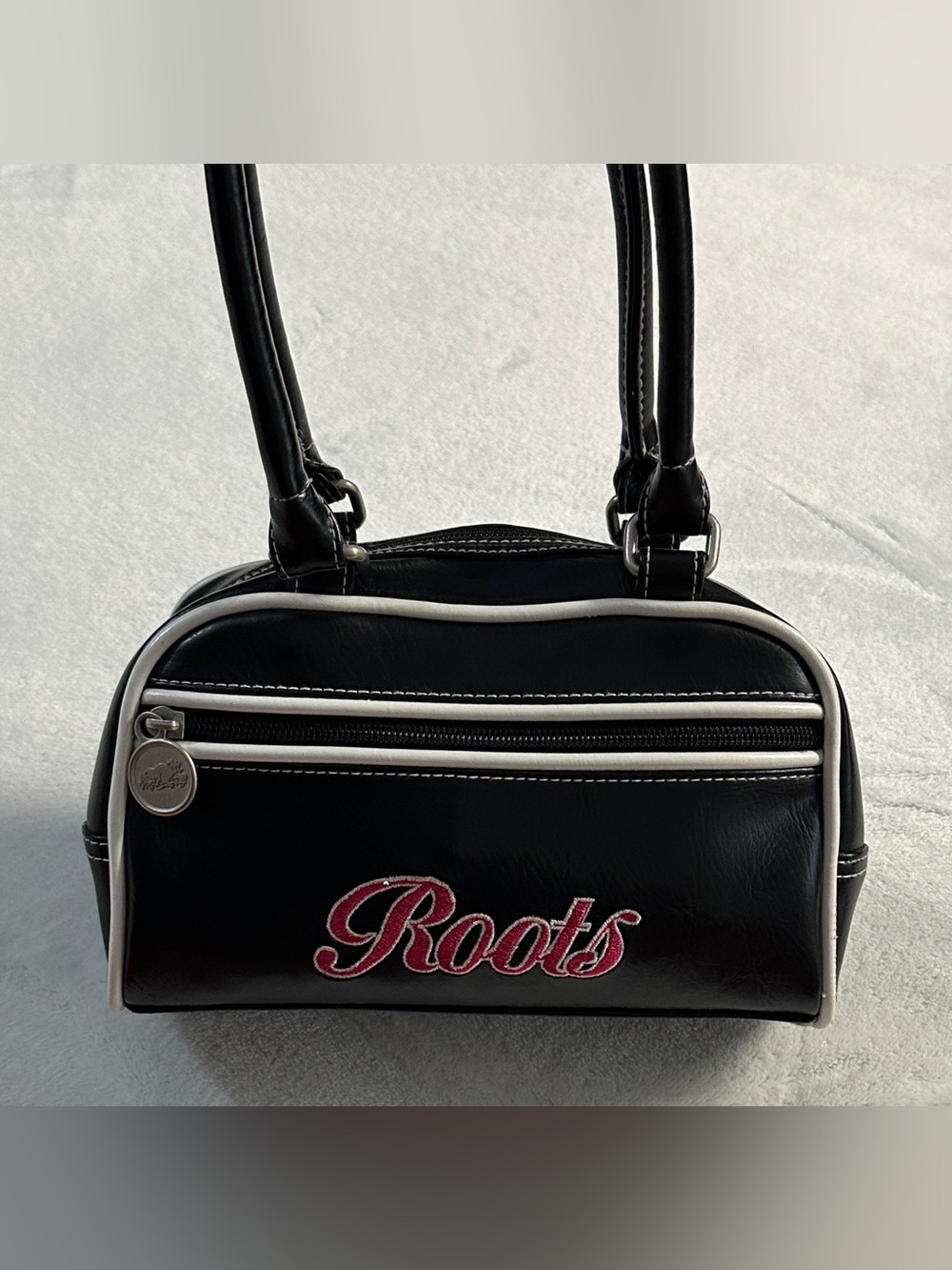 Y2K ROOTS b&w embroidered pink mini bowler bag purse.
